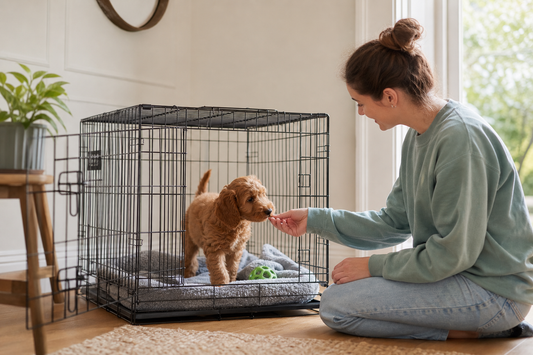 Puppy calmly exploring an open crate during reward-based training