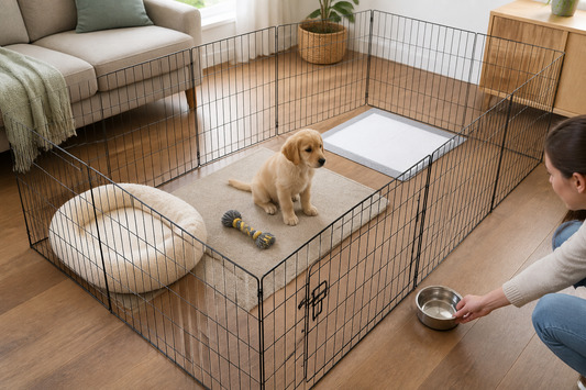Puppy in an indoor playpen with separate bed, play mat and toilet pad zones