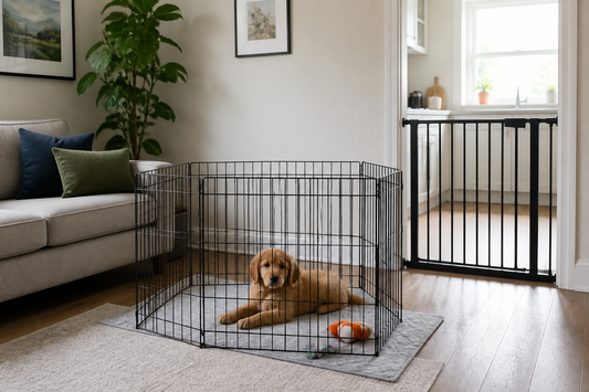 Puppy resting in a black playpen beside a baby gate in a UK living room