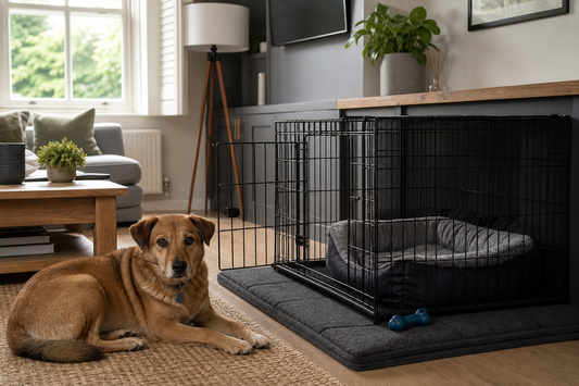 Calm dog beside an open crate on a padded mat in a UK flat living room