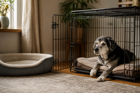 Senior dog resting in an open crate beside an alternative bed
