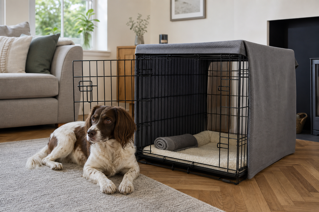 Calm dog beside an open covered wire crate with clear ventilation in a UK living room