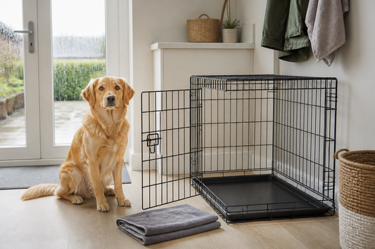 Calm golden dog beside an open clean metal dog crate with a towel nearby in a UK utility room