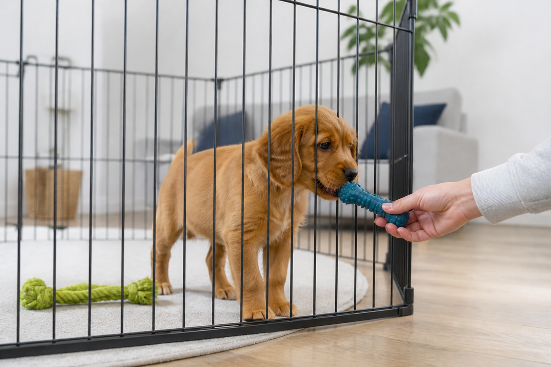 Puppy in a black playpen being offered a chew toy in a UK living room