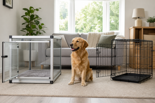 Calm dog between an open tempered glass dog crate and wire crate in a UK living room