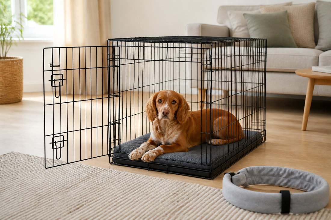 Calm dog resting in an open wire crate with a soft recovery collar nearby in a UK living room