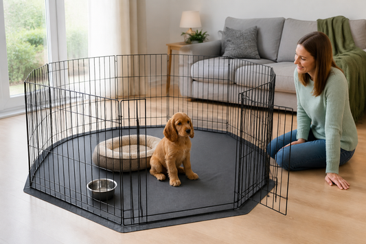 Puppy in an indoor dog playpen on a waterproof mat in a UK living room