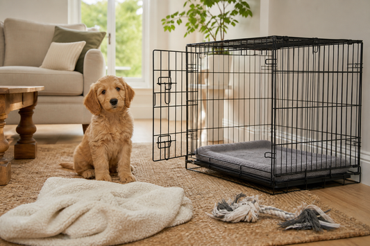 Puppy beside an open crate with a simple washable mat and unsuitable loose bedding set aside