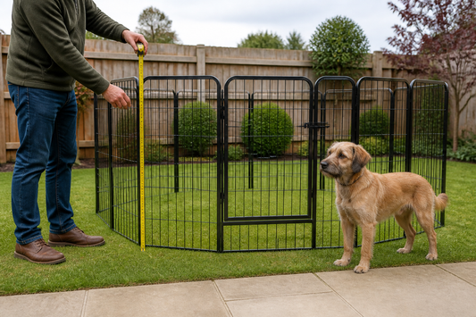 Dog beside a black outdoor pen while the height is measured in a UK garden
