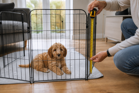 Puppy in a black playpen while panel spacing is checked in a UK living room