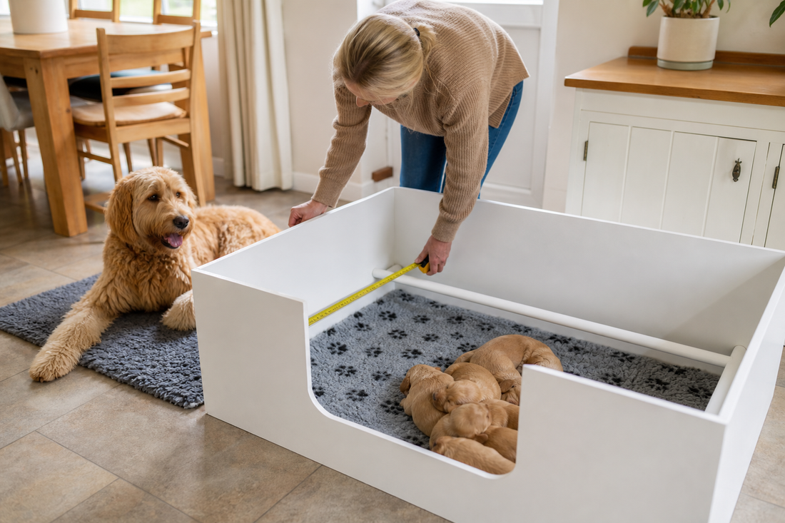 Mother dog beside a white whelping box while the inside is measured in a UK home