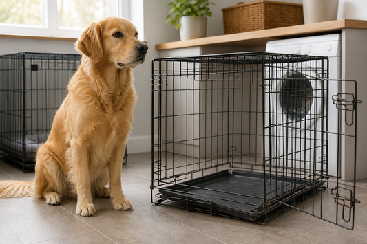 Calm golden dog beside an open worn black dog crate in a UK utility room