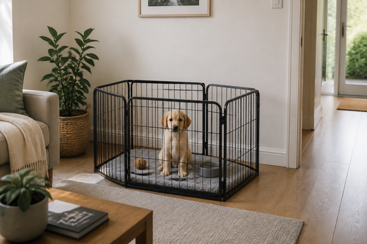Puppy in a black indoor playpen in a calm UK living room corner