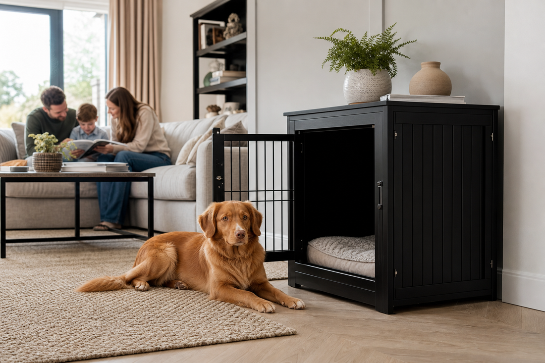 Golden dog beside an open black furniture-style crate in a UK living room