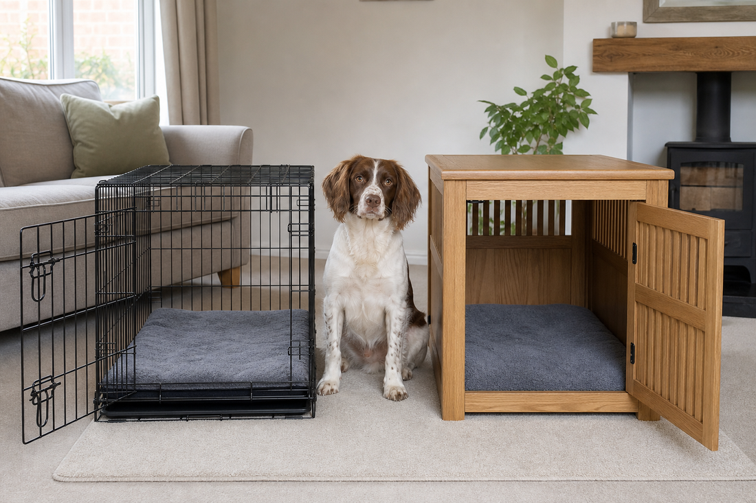 Calm dog between an open wire crate and wooden furniture-style crate