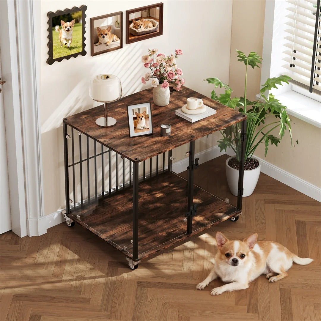 Tempered Glass Furniture-Style Dog Crate with Wheels