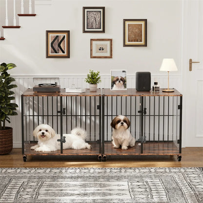Tempered Glass Furniture-Style Dog Crate with Wheels