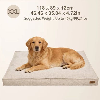 XXL beige dog bed with golden retriever, sizing (118x89x12cm), and weight up to 45kg/99.21lbs.