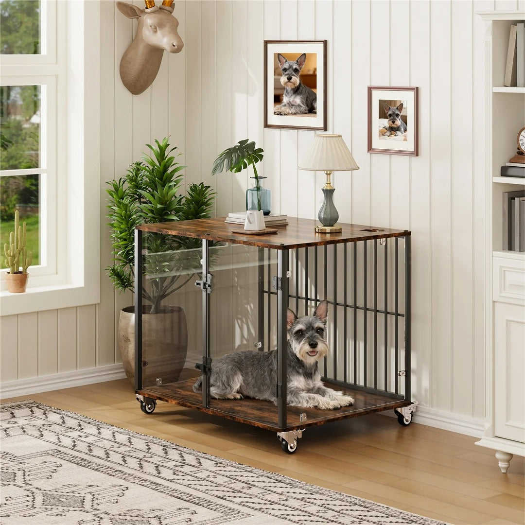 Tempered Glass Furniture-Style Dog Crate with Wheels