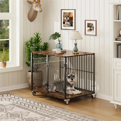 Tempered Glass Furniture-Style Dog Crate with Wheels