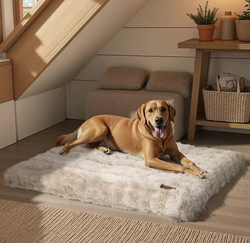 Golden retriever lies on a fluffy, beige faux-fur crate bed on a wooden floor under stairs.