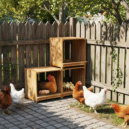3-compartment wooden nesting box in front of a fence with chickens and eggs inside.