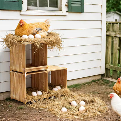 A hen sitting in a straw-filled nesting box beside a white-sided house with other chickens nearby.