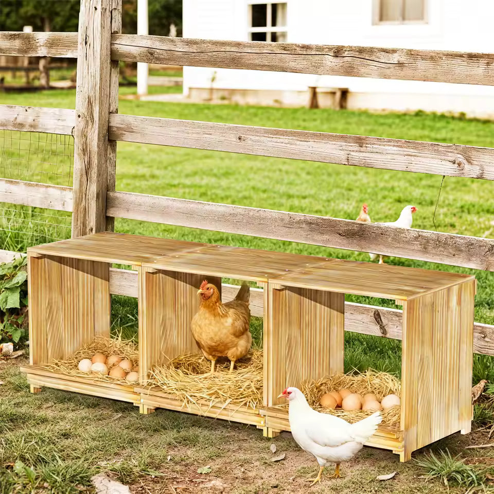 A three-compartment wooden chicken nesting box set horizontally in front of a rustic fence, with a hen inside and eggs in the straw.