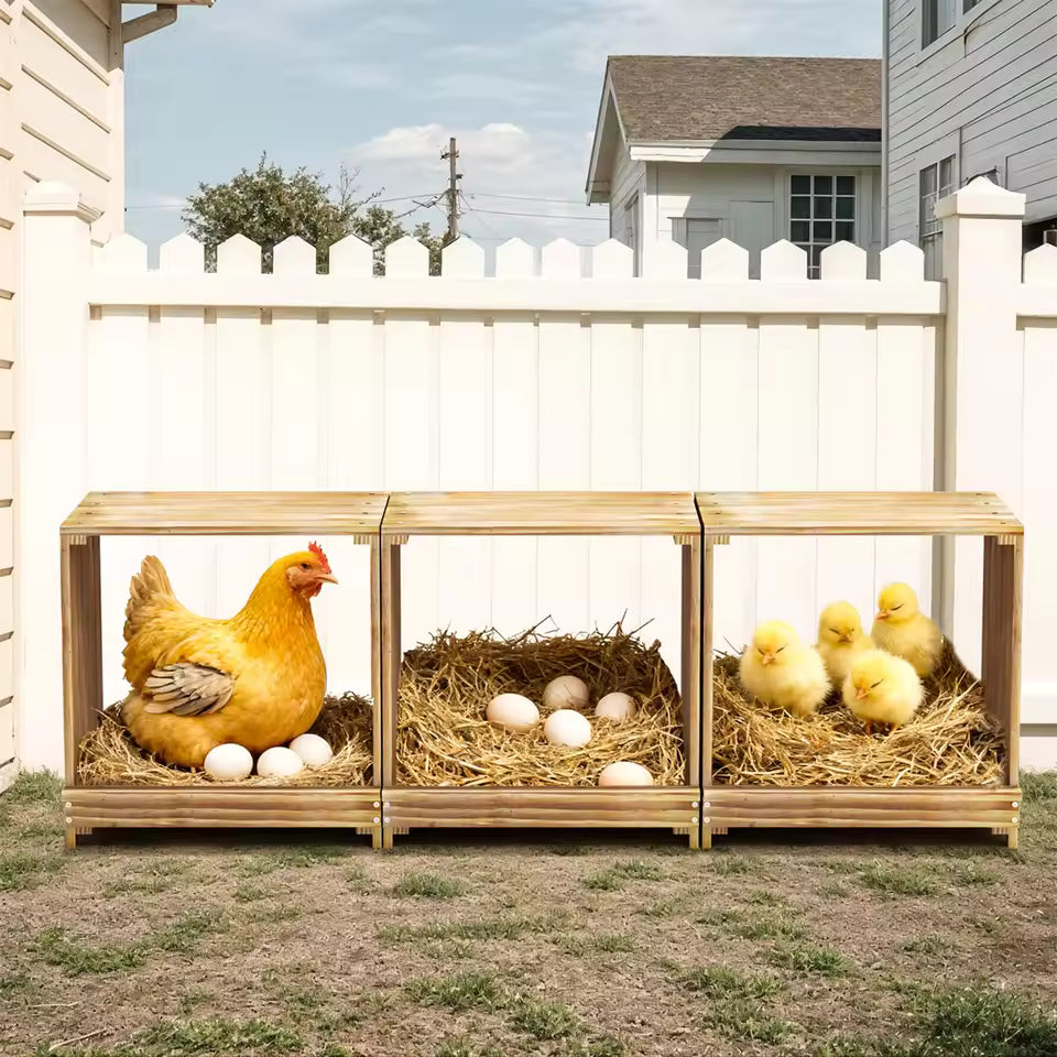 Three-compartment wooden nesting box featuring a hen, eggs, and chicks in separate sections.
