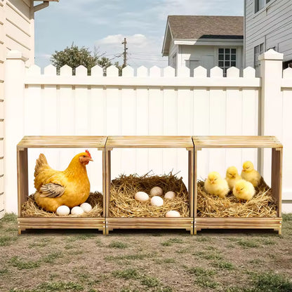 Three-compartment wooden nesting box featuring a hen, eggs, and chicks in separate sections.
