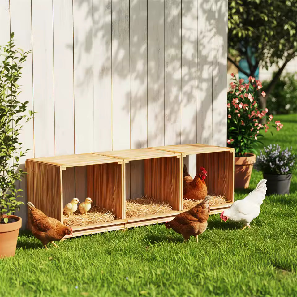 A three-compartment wooden nesting box set against a white wall outdoors, with chickens and yellow chicks nearby.