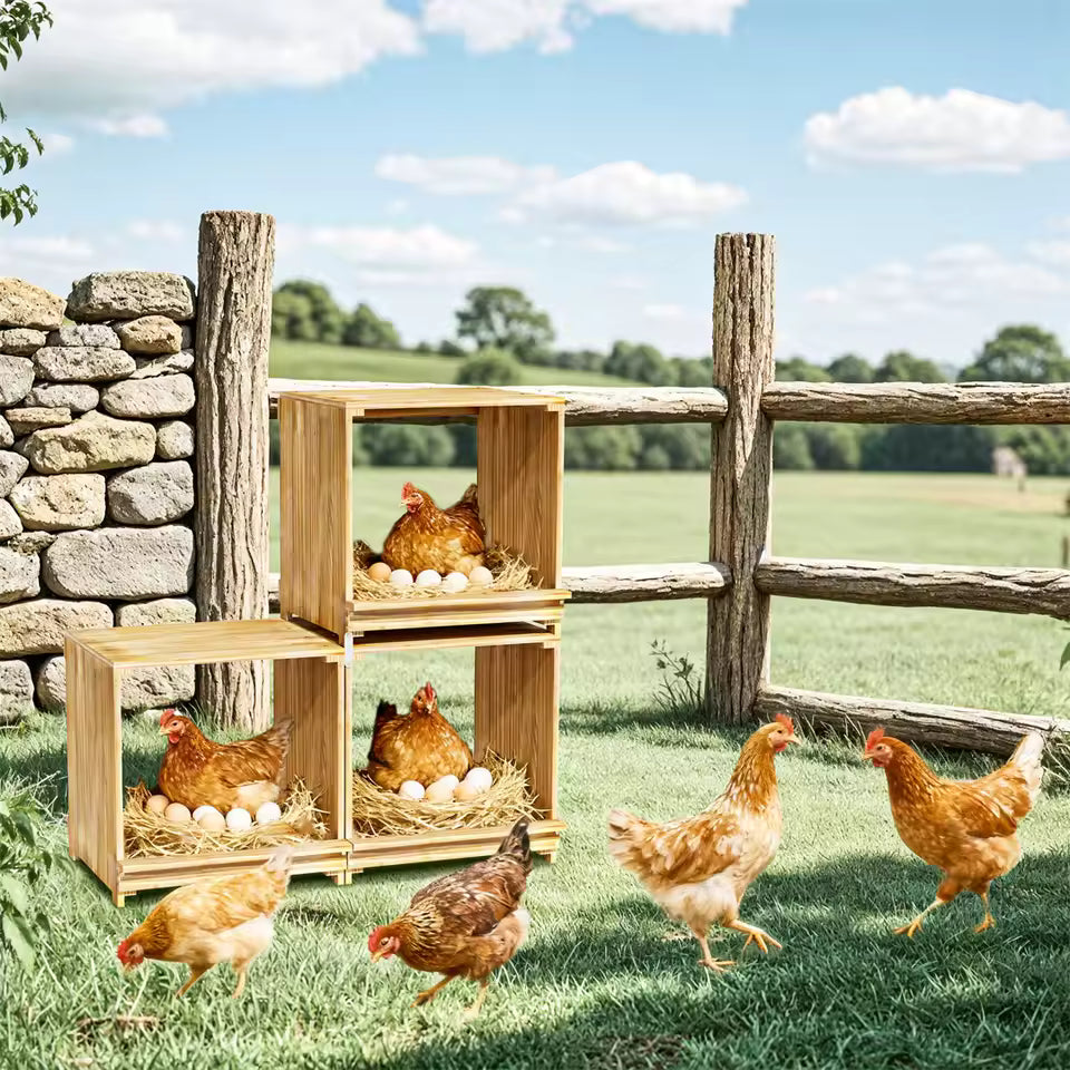 Stacked wooden chicken nesting boxes with hens and eggs inside, surrounded by chickens in a grassy field.