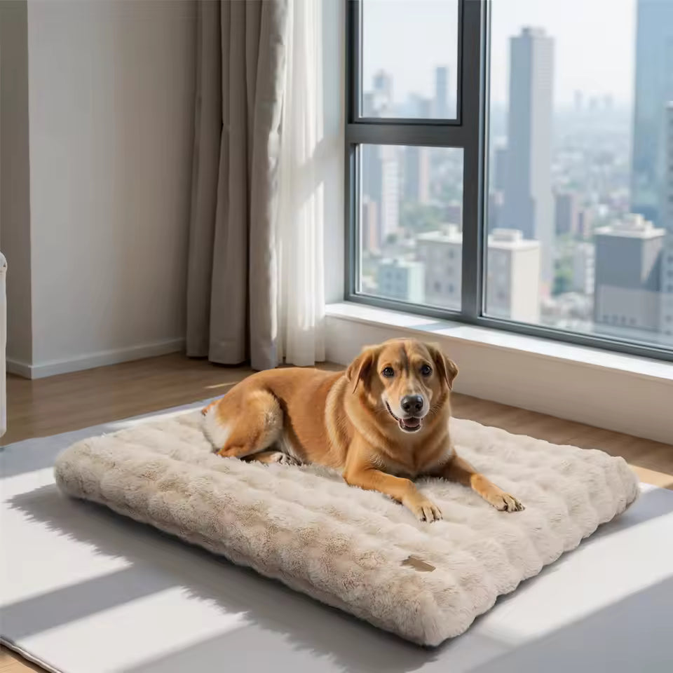 Golden retriever lies on a fluffy, beige faux-fur crate bed on a floor by a window with a city view.