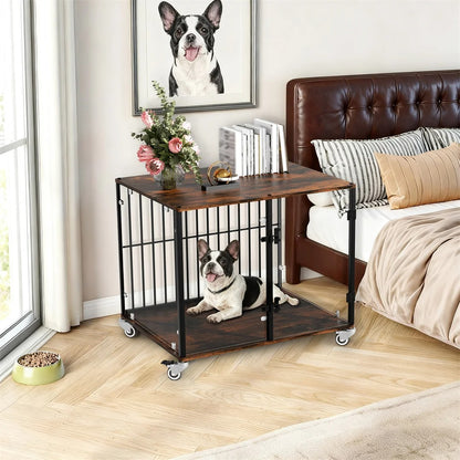 Tempered Glass Furniture-Style Dog Crate with Wheels