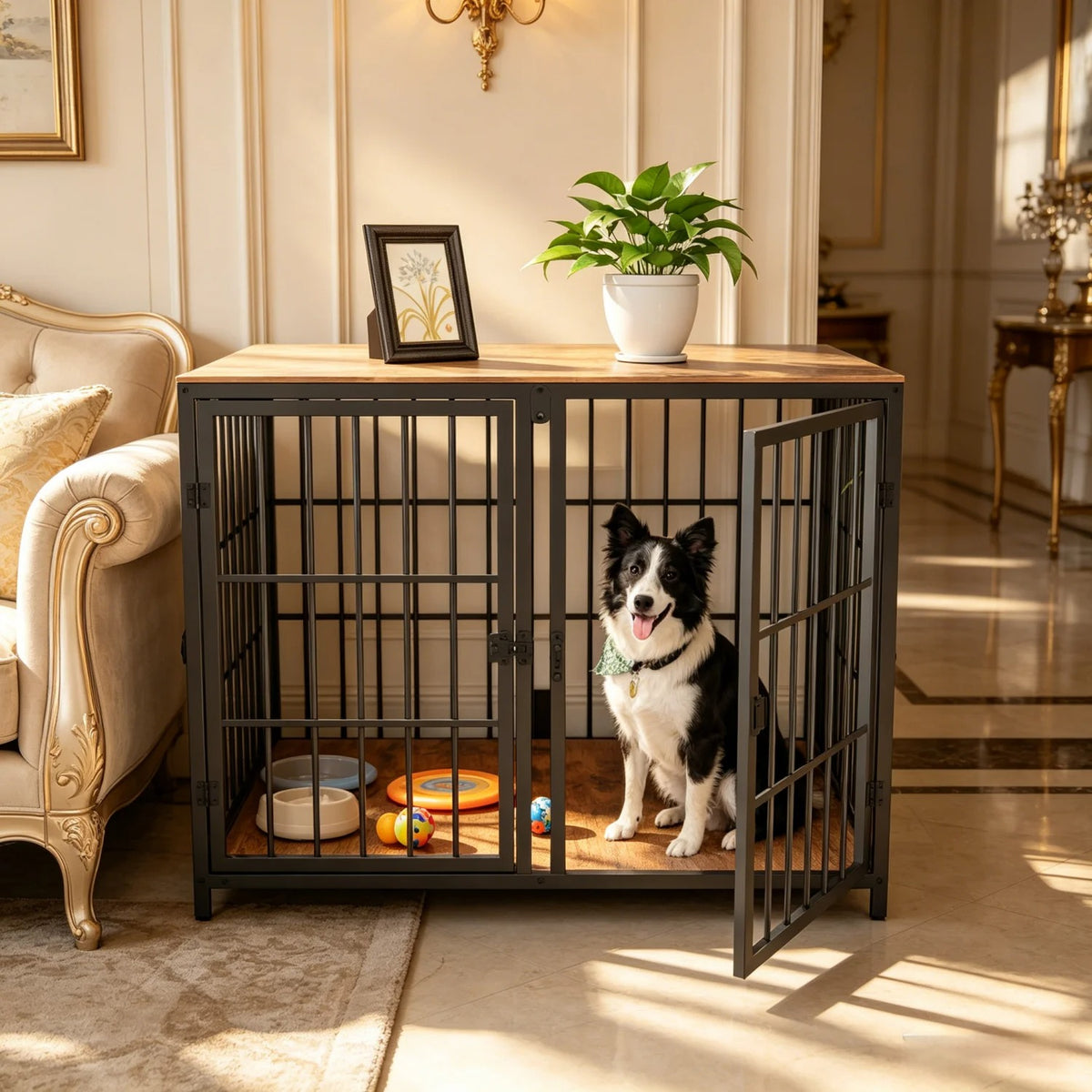 Three-Door Furniture-Style Dog Crate with Removable Tray