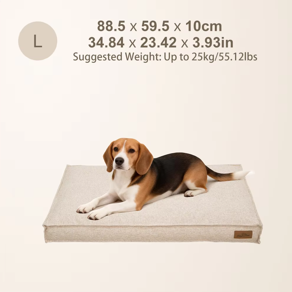 A beagle rests on a large beige rectangular dog bed, with sizing and weight details shown above.