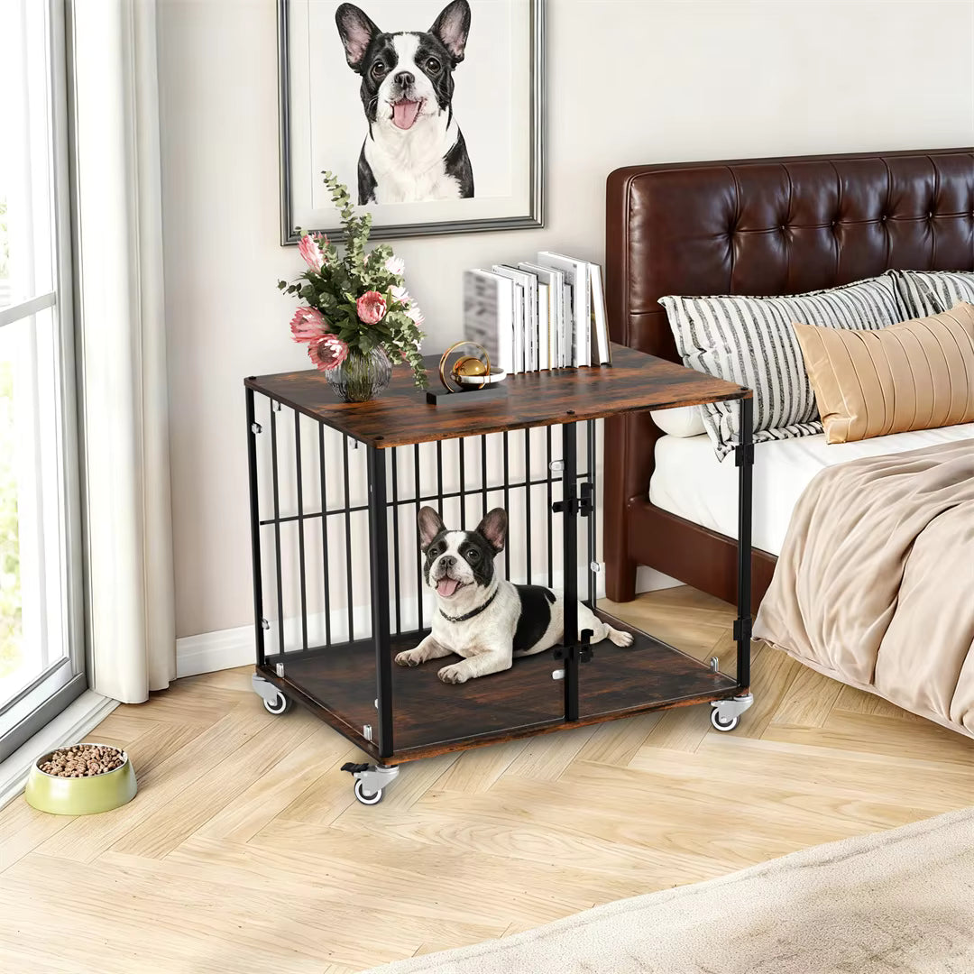 Tempered Glass Furniture-Style Dog Crate with Wheels