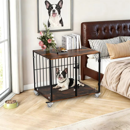 Tempered Glass Furniture-Style Dog Crate with Wheels
