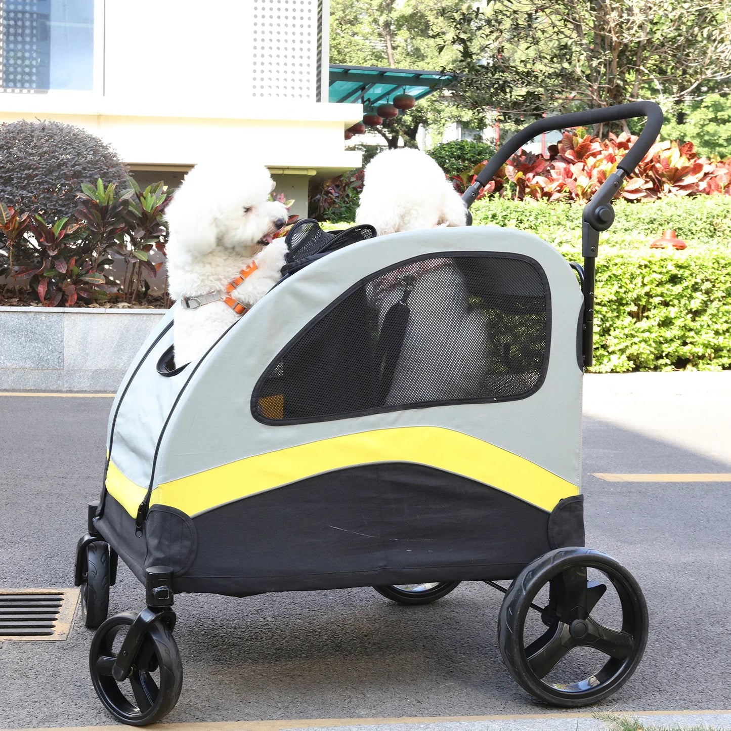 Double Pet Stroller and Dog Pram with Zipper Divider - Foldable Travel Carriage with 4 Heavy Wheels