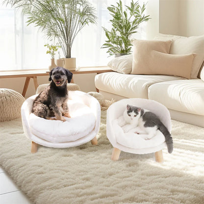 Luxury Soft Plush Cat Bed - Warm Pet Nesting Chair with Wood Legs and Washable Waterproof Cushion for Small Pets