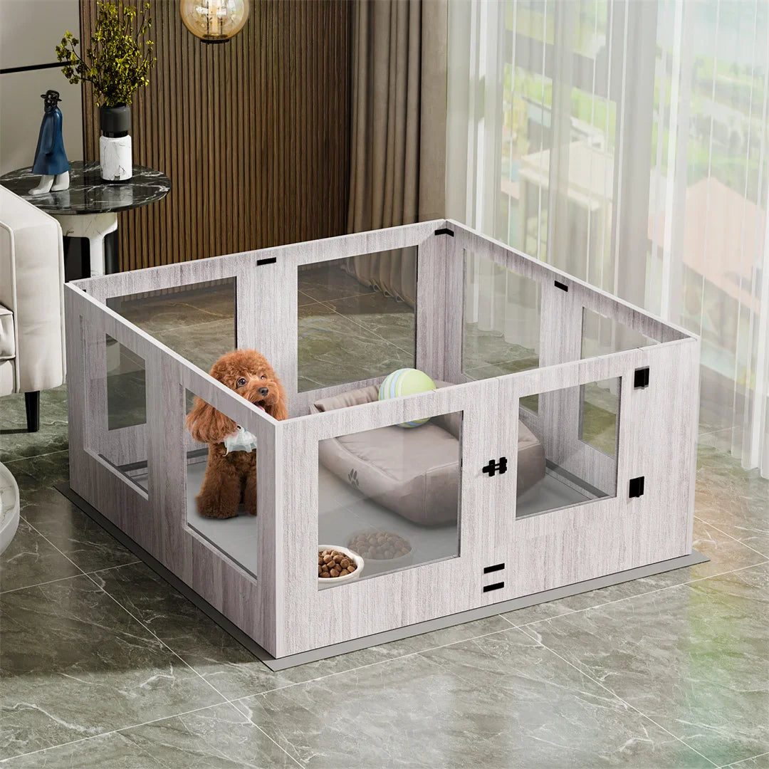 Tempered Glass Pet Whelping Box with Waterproof Pad - Dog Playpen and Exercise Cage for Puppies