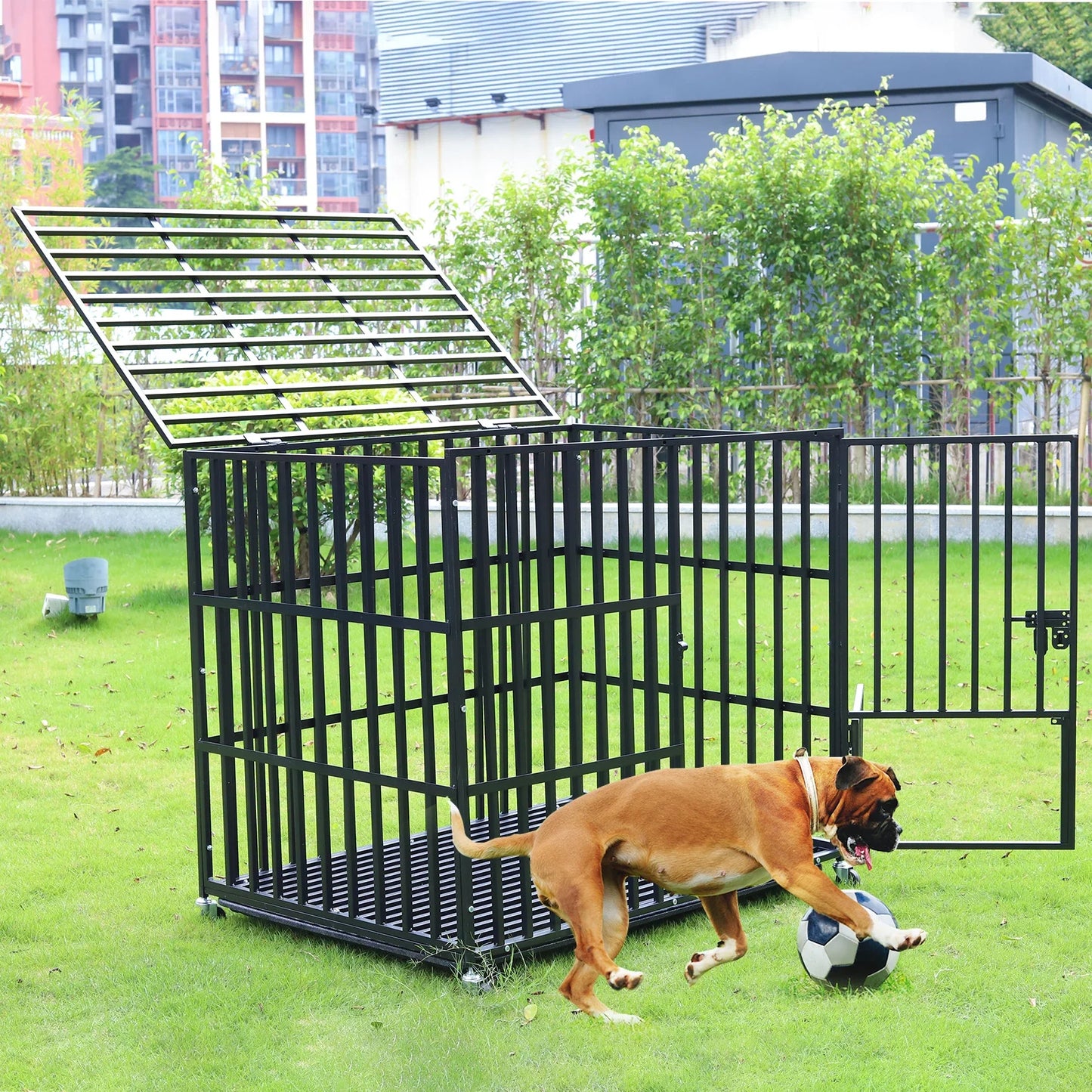 Mobile Heavy Duty Metal Dog Crate - Pet Kennel Playpen with 3 Locking Doors and Bottom Tray