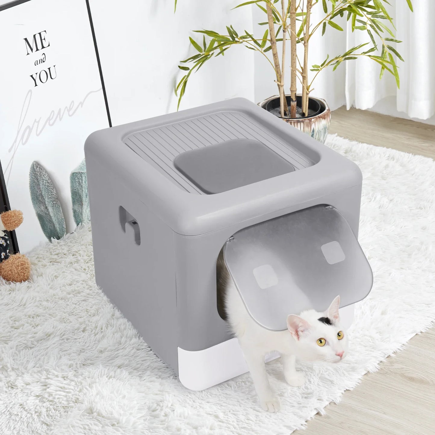 Foldable Enclosed Cat Litter Box with Scoop and Tray - Detachable Sifting Kitten Toilet, Top and Front Entry