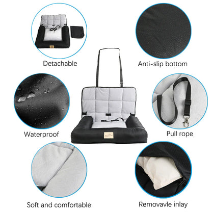 Waterproof Car Seat Bed for Dogs - Pet Cushion with Removable Pad, Cover, and Safety Belt - 3 Sizes