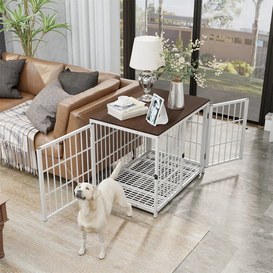 Furniture Style Dog Crate White Pet Kennel Black Cage End Table with Three Doors and Removable Tray, for Small Medium Large Dogs