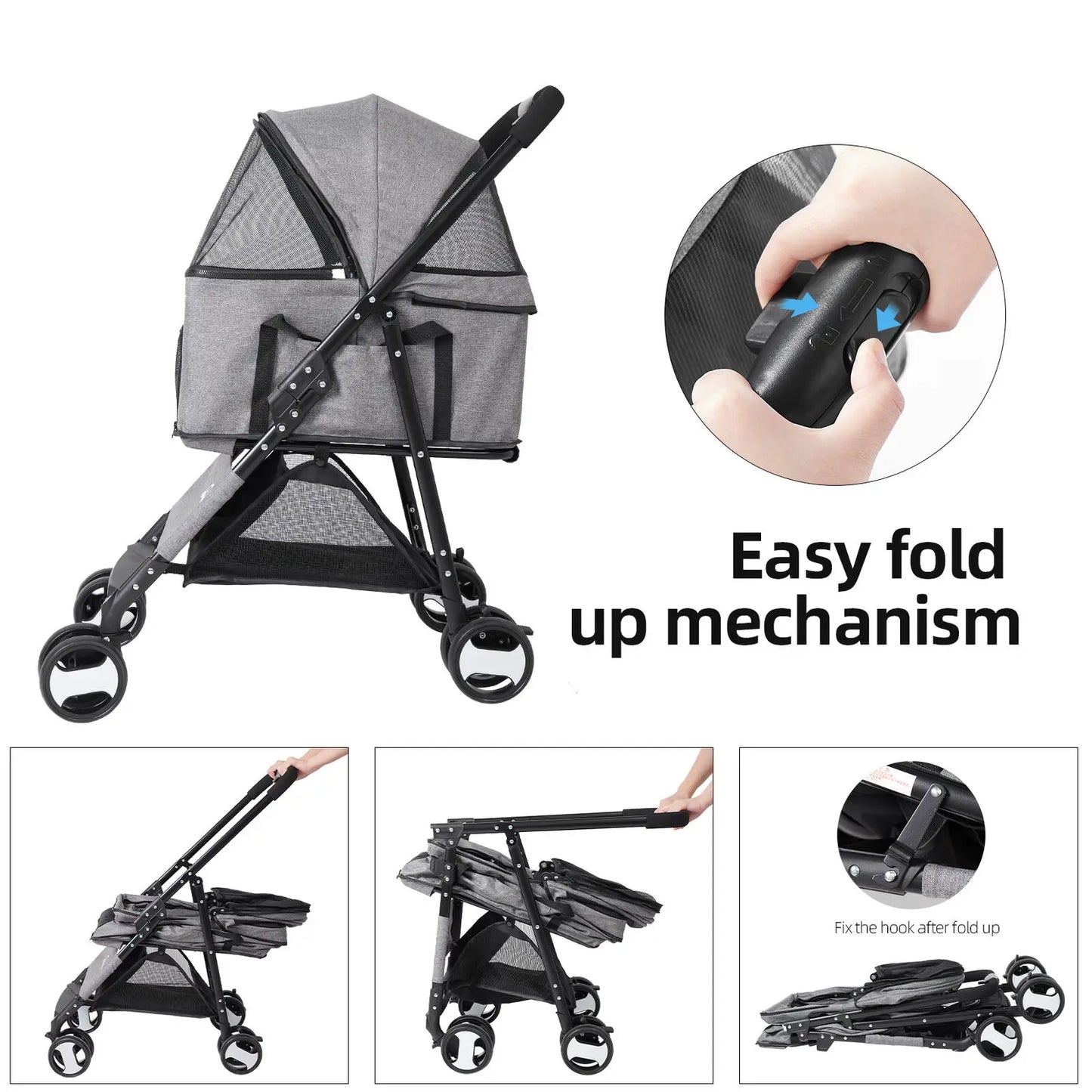 Large Pet Stroller and Dog Pram - 4-Wheel Carrier with Mesh Windows, Portable Outdoor Puppy Travel Walk Carrier, Holds Up to 30kg