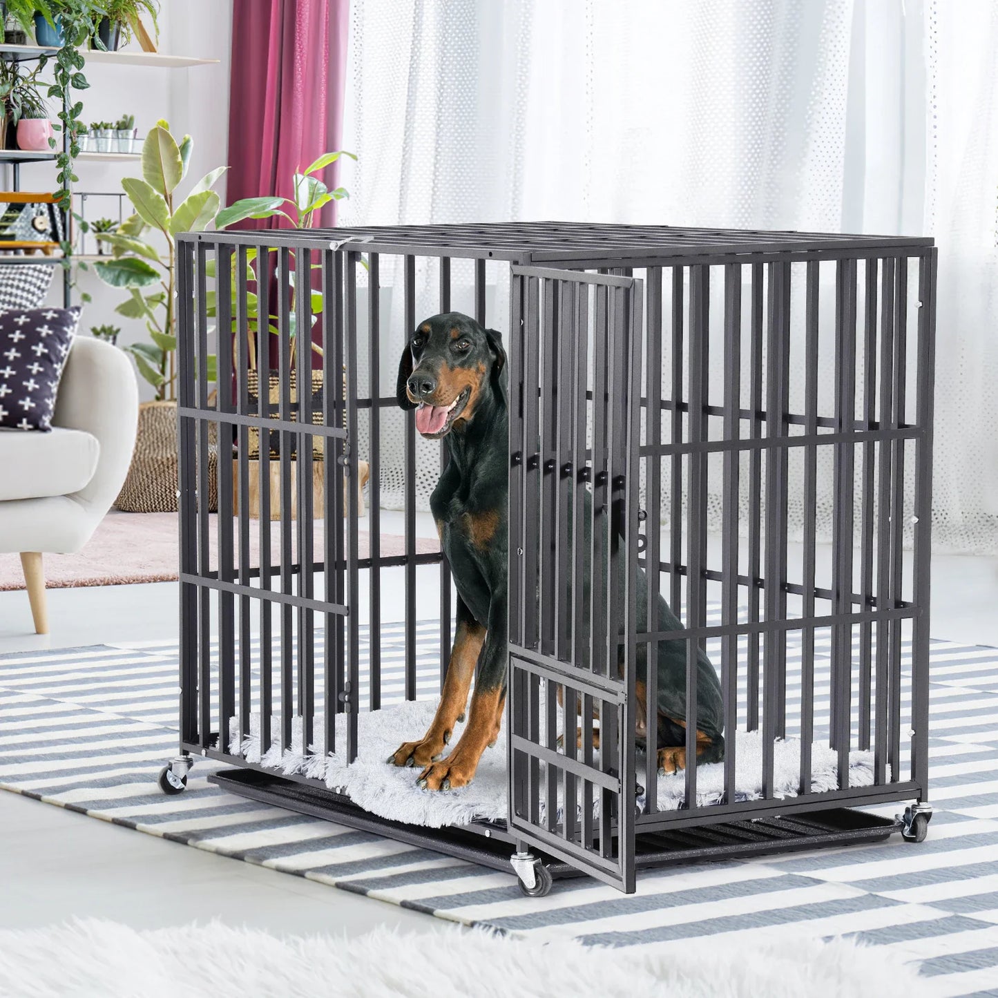 Mobile Heavy Duty Metal Dog Crate - Pet Kennel Playpen with 3 Locking Doors and Bottom Tray