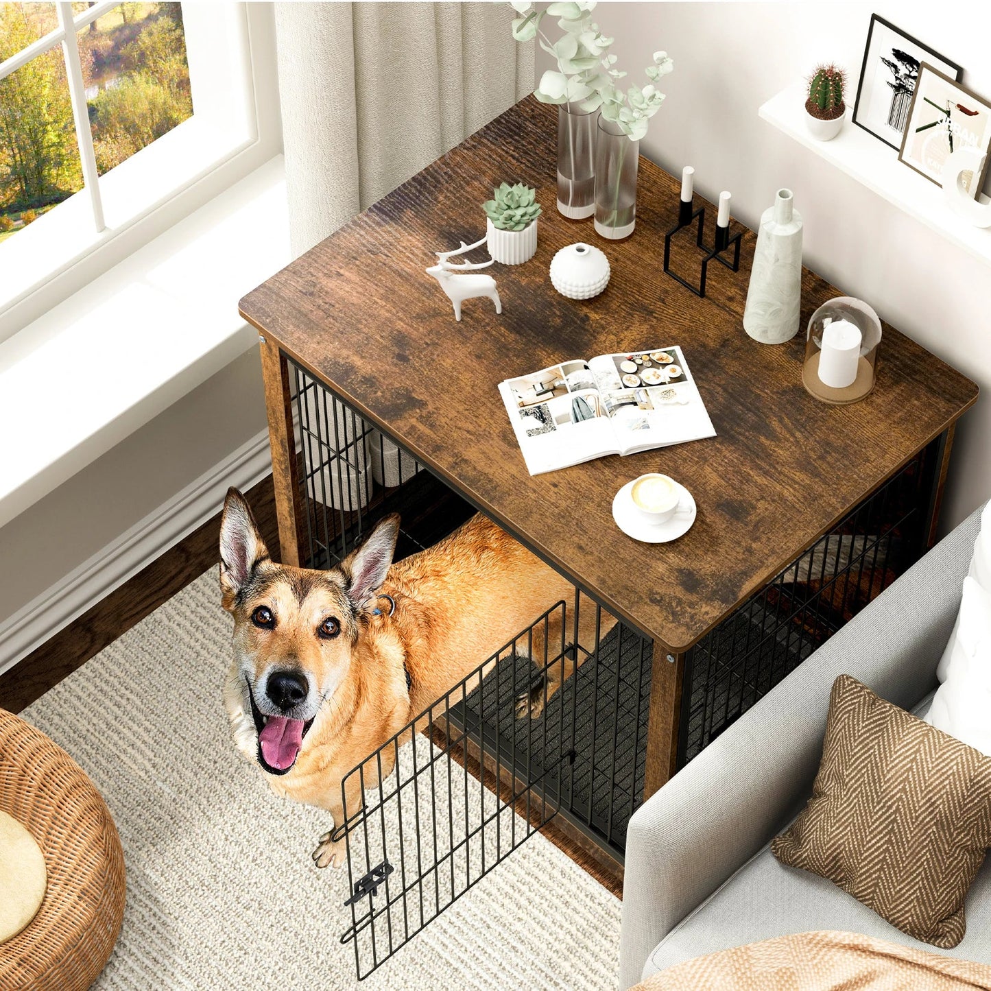 Spacious Wooden Dog Crate End Table - Indoor Pet Kennel Furniture, Medium and Large Sizes, Brown