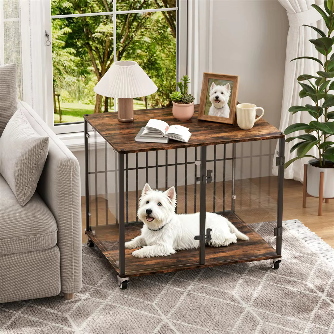 Tempered Glass Furniture-Style Dog Crate with Wheels