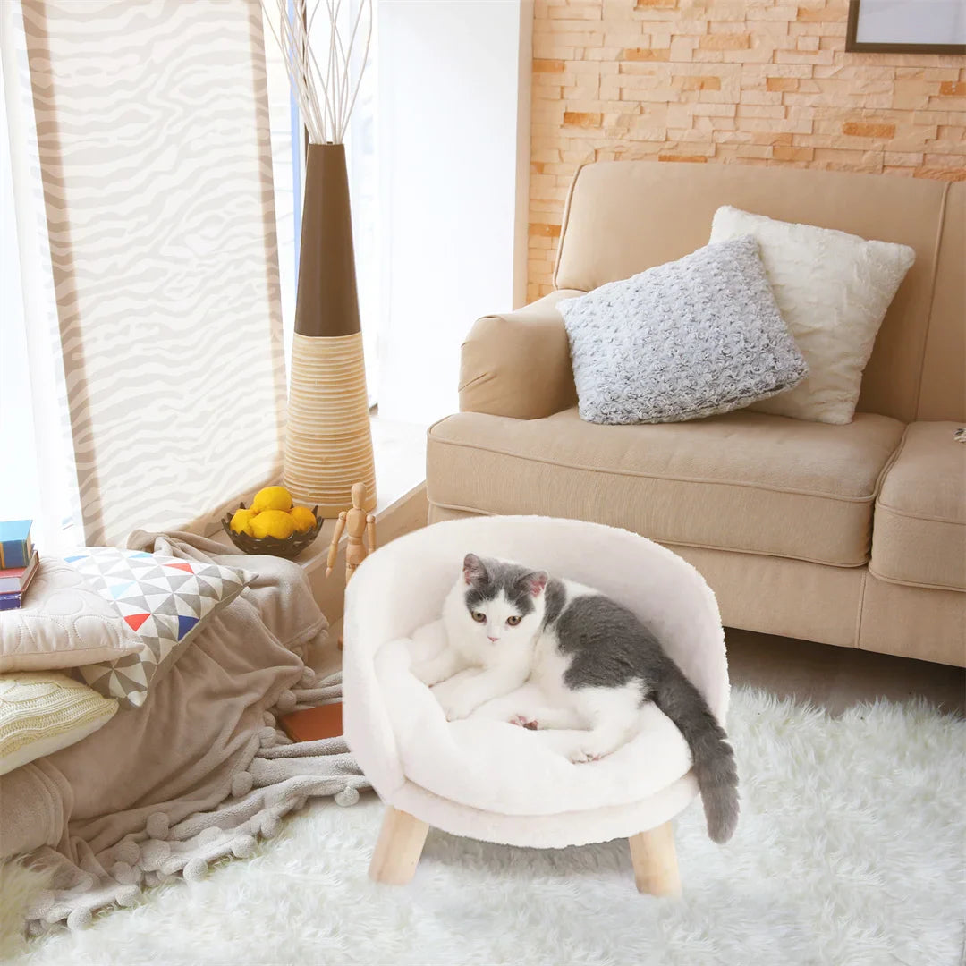 Luxury Soft Plush Cat Bed - Warm Pet Nesting Chair with Wood Legs and Washable Waterproof Cushion for Small Pets